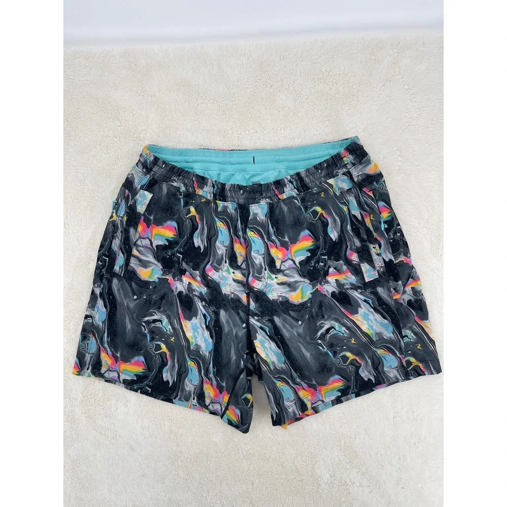 Birddogs Boom Gym Shorts Mens XL Grey Rainbow Marble Psychedelic Lined 6 Inseam